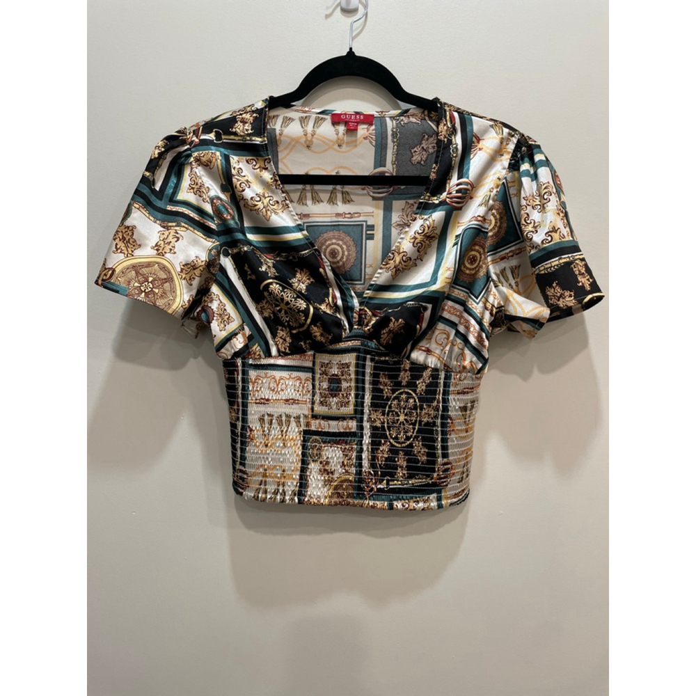 Guess Babydoll Faux Wrap Satin Crop Top M Gold Smocked Mob Wife Y2K Going Out